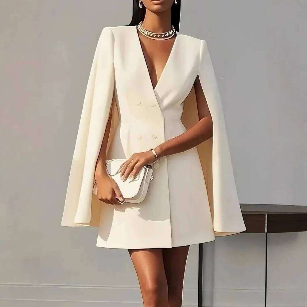 Women Fashion Commuter Solid Blazers Office Double Breasted Waist Party Elegant V Neck Shawl Cape Sleeve Dress