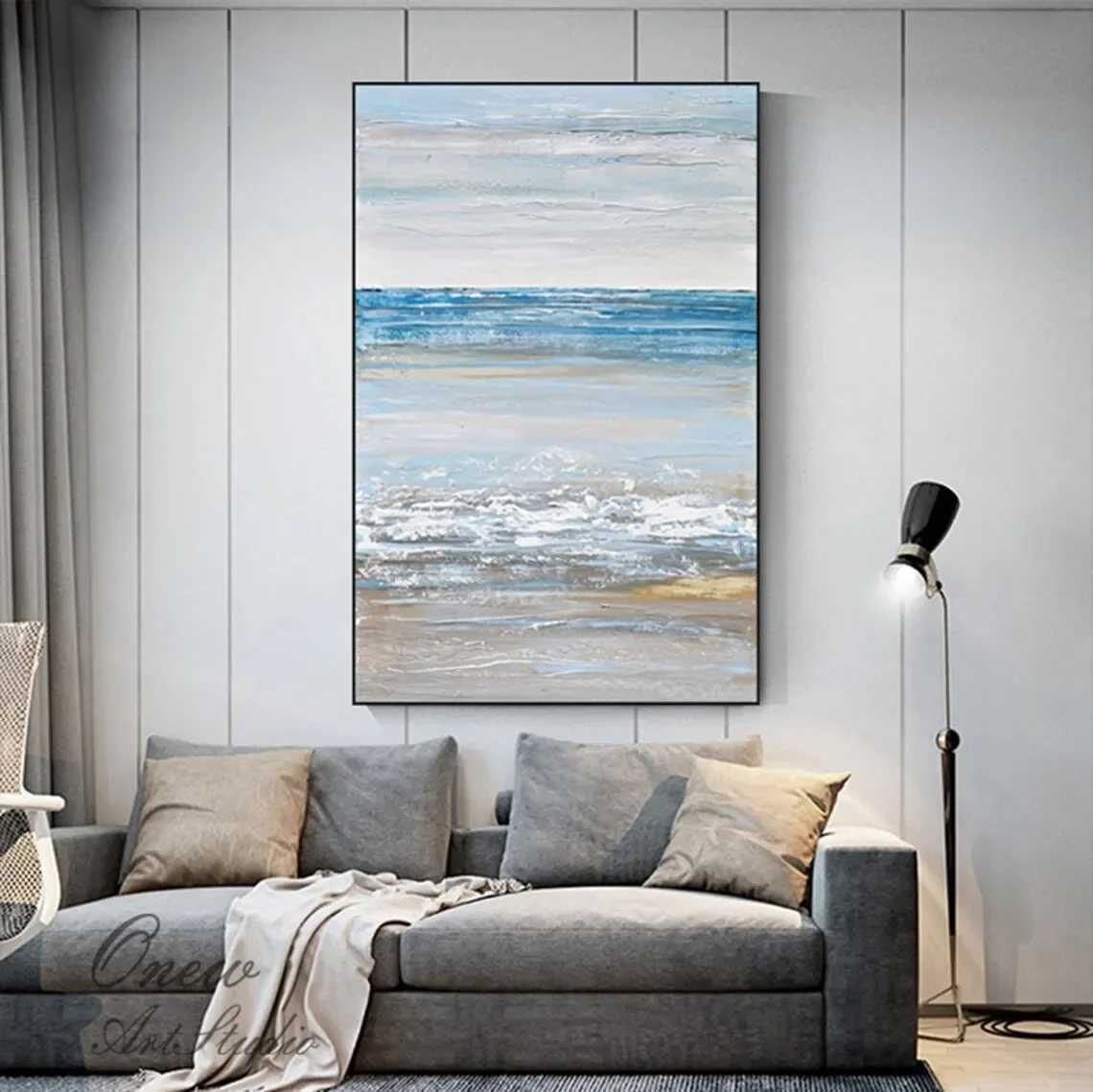 Large Sky And Ocean Abstract Canvas Art Beach Oil Painting Handmade Modern Coastal Wall Art Textured Seascape Acrylic Painting C251031