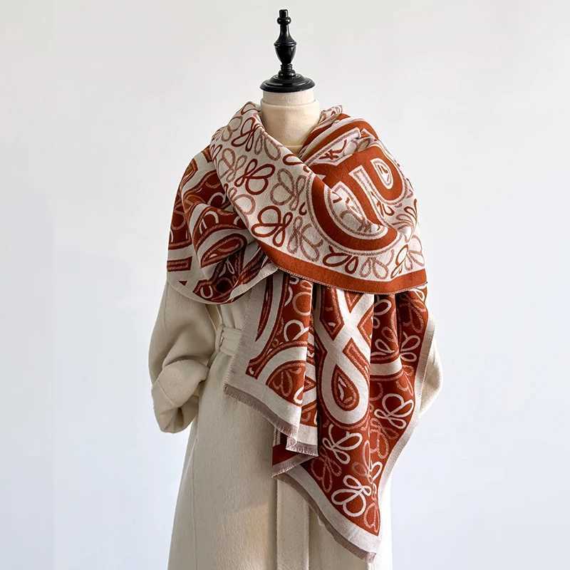 Womens Winter Luxury Thick Warm Wrap Imitation Cashmere Scarf with Abstract Jacquard Design for Casual Wear C251031