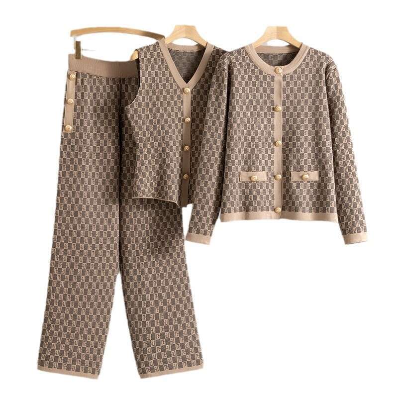 European Station Cross Border New Fashionable Elegant Knitted Suit For Women Spring And Autumn Vest Sweater Cardigan Pants Three Piece Set Trendy