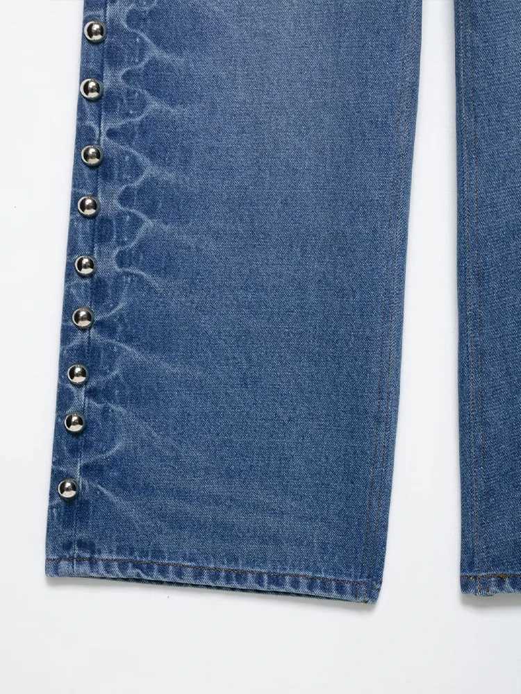 European and American style 2025 summer new womens clothing allmatch straight metal rivet decorated jeans trousers J251031