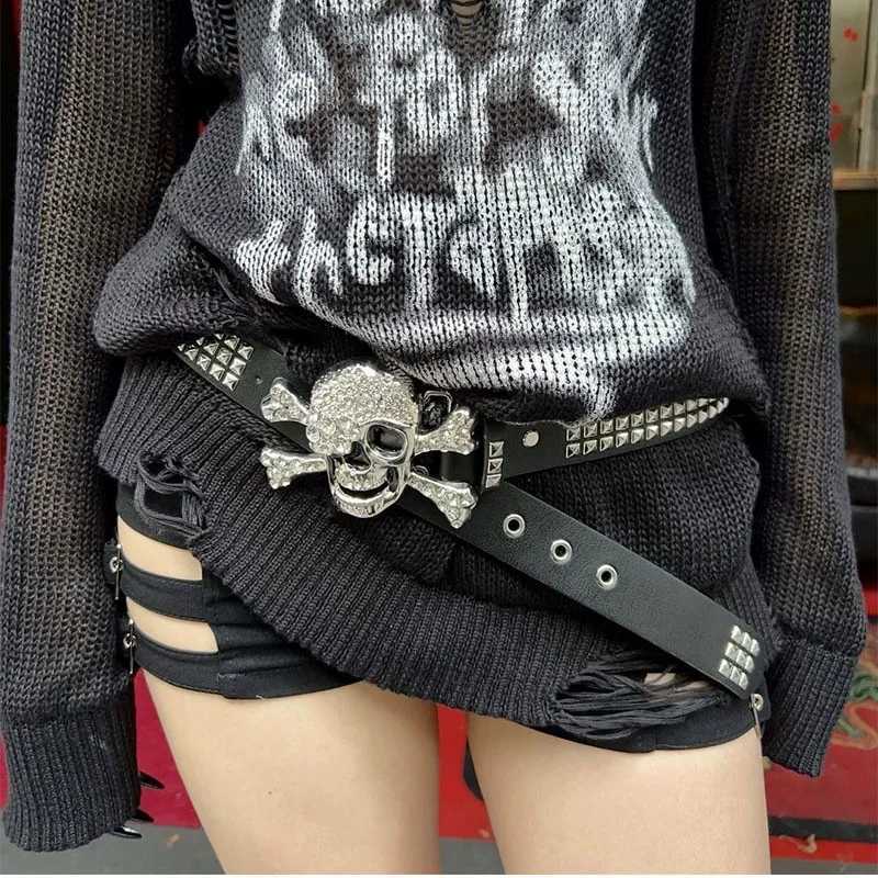 Silver Skull Buckle Womens Belt Hip Hop Punk Y2k Girls Black Pu Pin Buckle Girdle Goth Retro Jeans Accessories Rivet WaistbandW251030