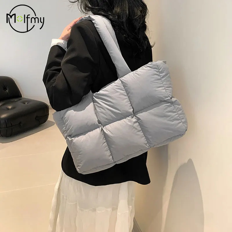 Women Tote Handbags Quilted Plaid Bag Retro Trendy Checkered Waterproof Shoulder Bag Solid Color Winter Soft Large Capacity Bags 251104