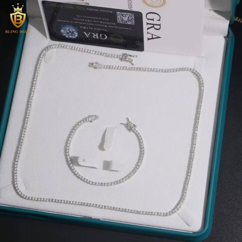 US in Stock Fast Shipping Hip Hop Jewelry 925 Sterling Silver Vvs Moissanite Iced Out 2mm Tennis Chains Bracelet Necklace