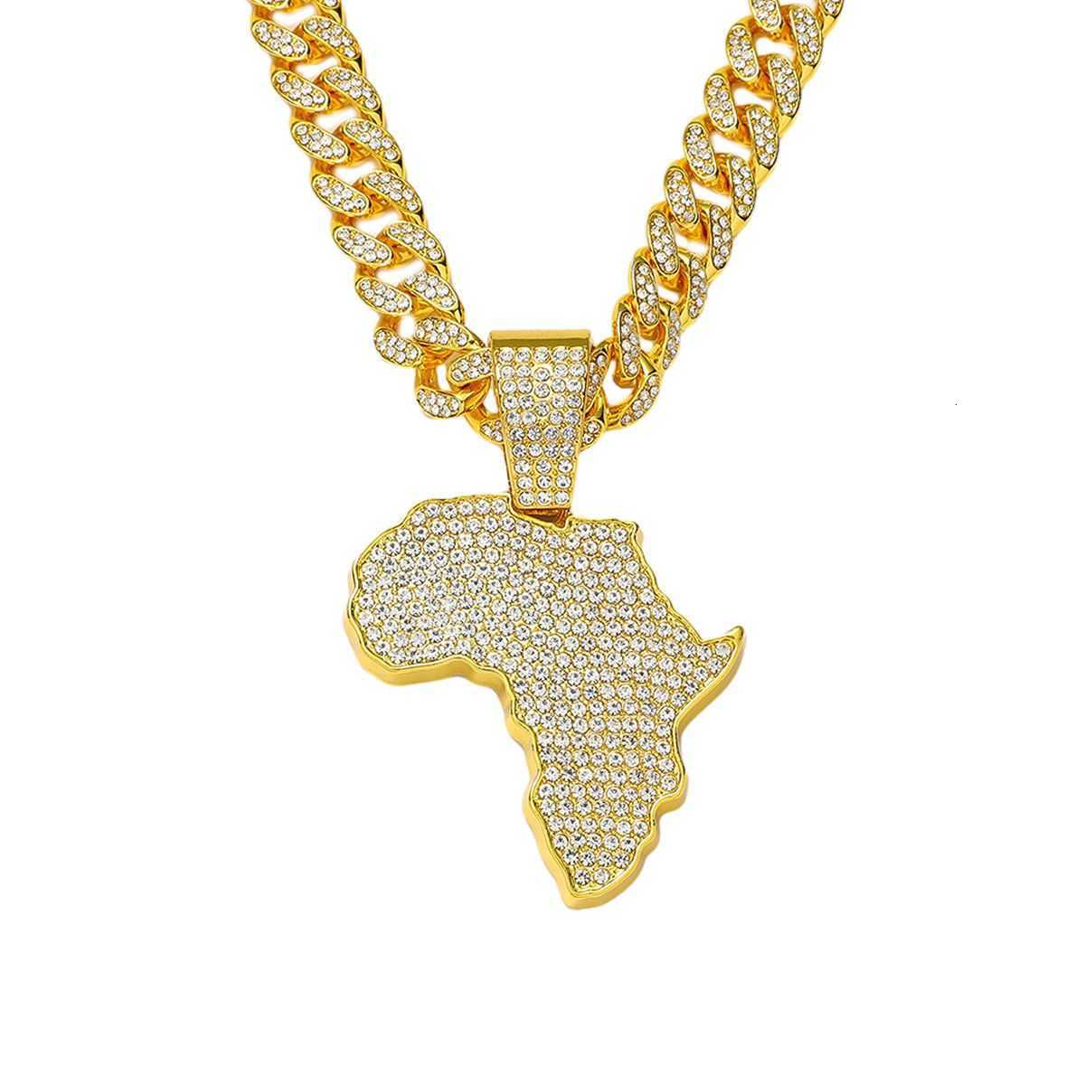 Mens and Womens Hip Hop Ice Out Africa Sparkling Map Pendant Necklace with 13mm Cuban Chain Hip Hop Necklace Fashionable Charm Jewelry Y250329