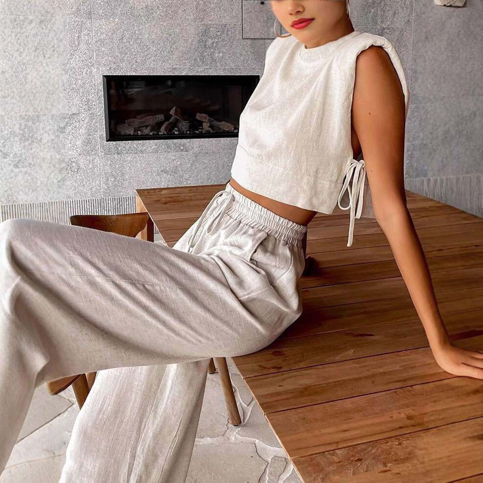 2025 Fashion Cotton Linen Suit Women's Summer Padded Shoulder Sleeveless Top Long Pants Two-Piece Set European And American Casual Women dc53