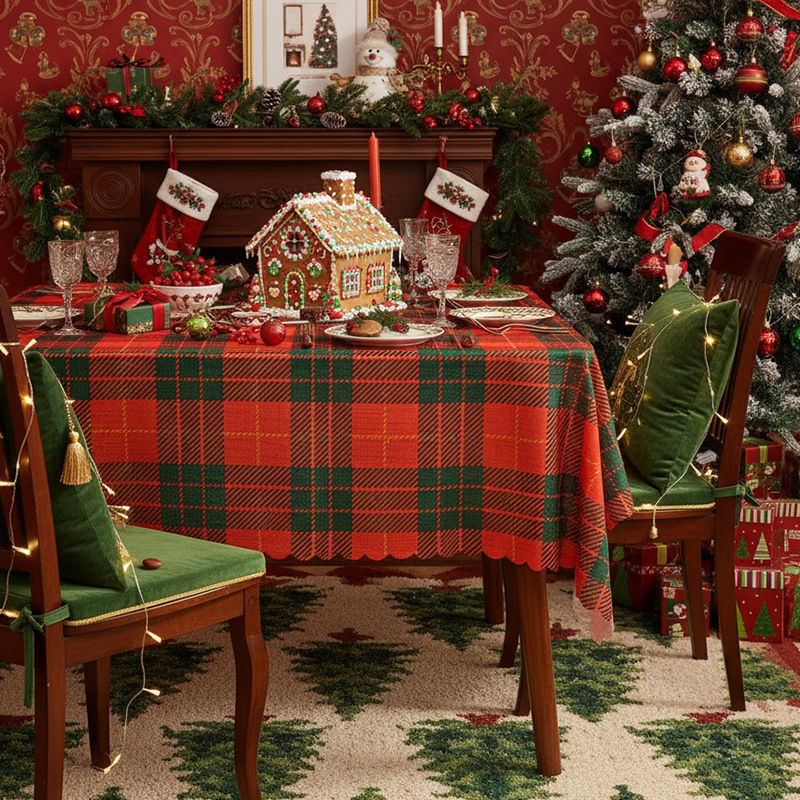 Retro plaid fabric rectangular white Christmas tablecloth with red and green decorative placemat HFQW01
