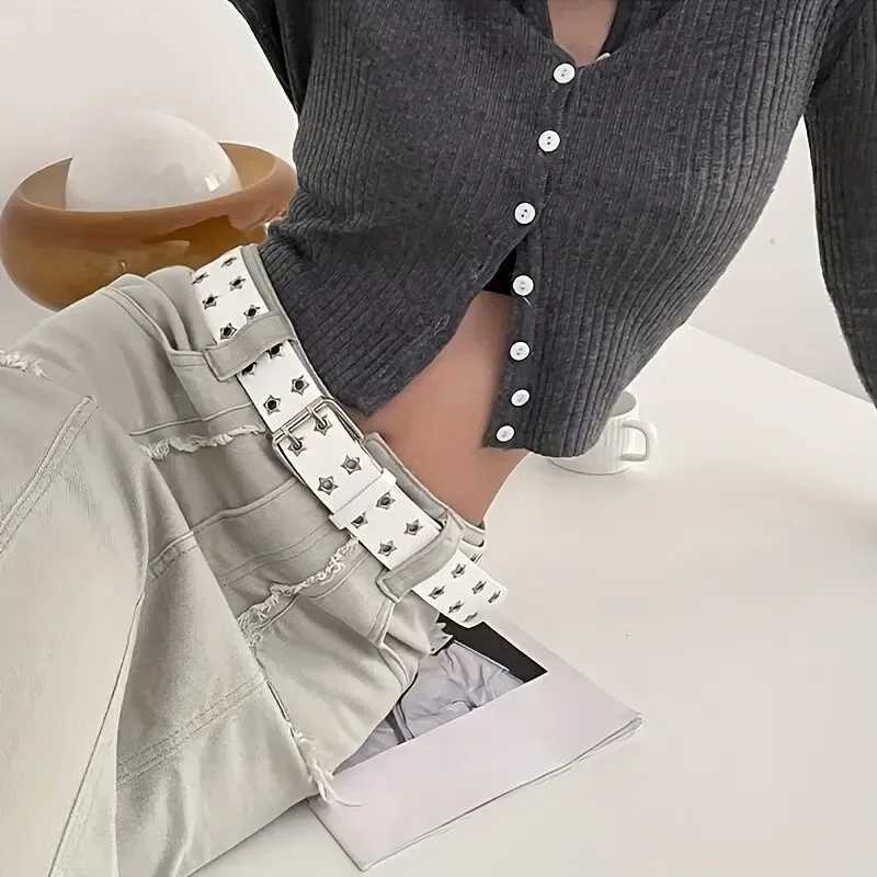 1pc Star Eye Rivet Belt Goth Style Double Pin Buckle Manwoman Fashion Casual Punk Style Pu Leather Waistband for Jeans Y2K BeltW251030