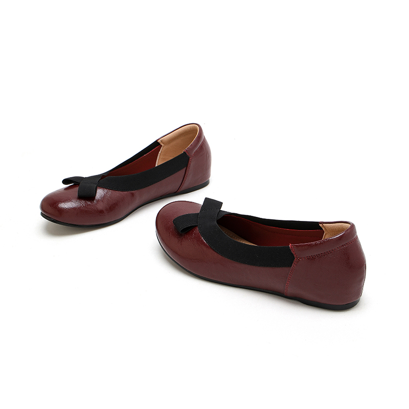 Designer women's fashionable artificial leather flat shoes, round toe bow design flat shoes, black/Burgundy, casual and comfortable for women