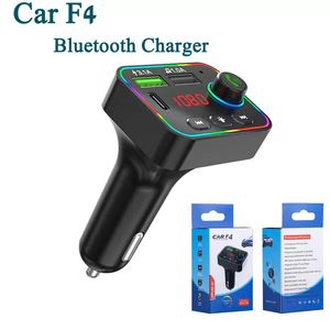 Chargeur de voiture F4 Transmetteur FM Double USB Charge rapide Ports PD Récepteur audio mains libres Lecteur MP3 Lumières d'ambiance colorées avec boîte de vente au détail pour iPhone 13 12 11 Pro X 8