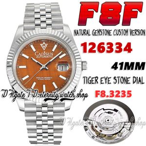 F8F f8126334 SA3235 Montre Homme Automatique Pierre Oeil de Tigre Naturel Cadran Bâton Marqueurs 904L Jubileesteel Bracelet Version personnalisée de montres d'éternité de pierres précieuses naturelles