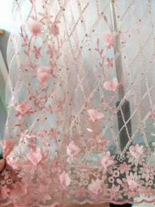 Tissu bilatéral plein de fleurs d'ongles 3D roses, tissu en dentelle de diamant chaud, vêtements en mousseline de soie, jupe, accessoires pour robe de mariée