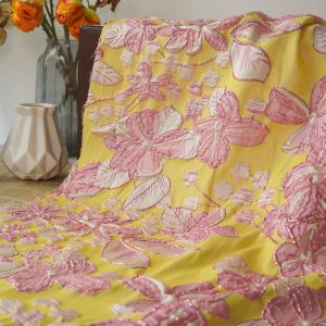 Tissu brocart Jacquard à fleurs jaune vif, rose, mode automne-hiver, sac pour robe, tissu à coudre bricolage 50cm x 138cm
