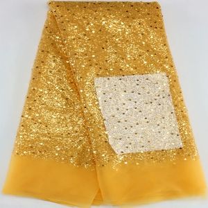 Tela de encaje de tul con lentejuelas africanas doradas, tela de encaje de red con cuentas de lujo francesas de alta calidad, tela de encaje nigeriano para vestidos de novia Woemn 231120