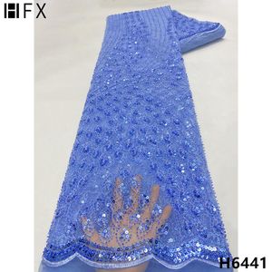 Tissu HFX bleu luxe séquence dentelle tissu broderie perles dentelle afrique Nigeria Net dentelle tissu 5 Yards Tissus Nigérians Mariage F6441