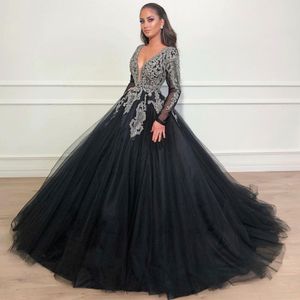 Fabuleuses robes de bal noires à paillettes perlées col en V profond une ligne robes de soirée appliques balayage train tulle manches longues robe formelle