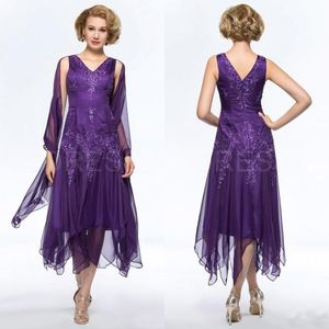 Fabulosa oscuro Madre púrpura del vestido de partido del V cuello corto Ropa formal vestidos de novia de longitud de té con bordado con cuentas y Wrap