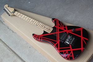 Guitarra eléctrica negra personalizada de fábrica con tiras rojas, incrustaciones de trastes de puntos, diapasón de arce, se puede personalizar