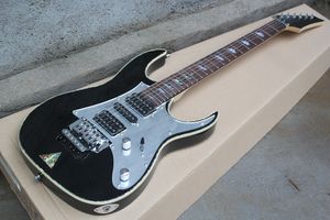 Guitarra eléctrica negra personalizada de fábrica con puente Floyd Rose, herrajes cromados, cuerpo de encuadernación colorido, se puede personalizar