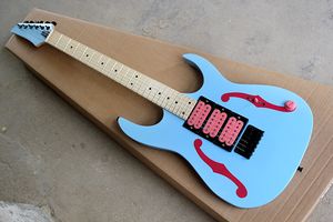 Guitarra eléctrica azul personalizada de fábrica con puente Floyd Rose, hardware negro, diapasón de arce, pastillas HHH rosas, se puede personalizar