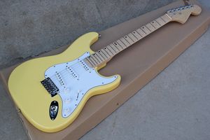 Planta eléctrica de guitarra personalizada de fábrica con muñeco de leche amarilla, arce festoneado y micro canal, ofreciendo un servicio personalizado.