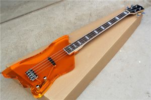 Guitare basse électrique orange personnalisée en usine avec corps en verre acrylique, touche en palissandre, matériel chromé, offre personnalisée