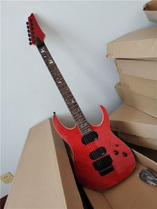 Guitarra eléctrica de cuerpo rojo personalizado de fábrica, diapasón de palo de rosa, hardware negro, incrustación de hojas, proporcionando servicios personalizados
