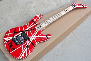 Guitarra eléctrica roja personalizada de fábrica con rayas blancas, diapasón de arce, Floyd Rose, herrajes cromados, se puede personalizar