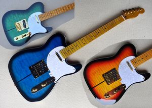 Guitarra eléctrica personalizada de fábrica, color azul y verde, con diapasón de arce amarillo, chapa de arce acolchada, herrajes dorados, se puede personalizar