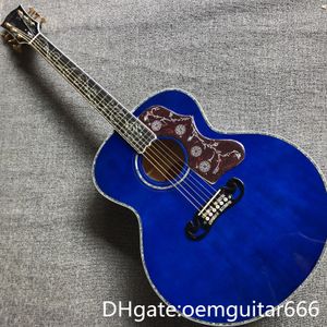 Guitarra personalizada de fábrica, tapa de abeto macizo, diapasón de ébano, aros y fondo de arce flameado, guitarra acústica Jumbo azul de alta calidad de 42 