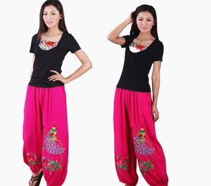Pantalones étnicos al por mayor directo de fábrica popelina Lino Pavo Real pantalones de gran tamaño pantalones bordados de flores tradicionales chinos