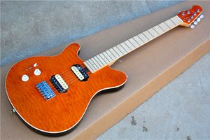 La guitarra eléctrica para zurdos de color naranja de fábrica con chapa de arce de nubes, pastillas HH, herrajes cromados, 22 trastes, se puede personalizar.