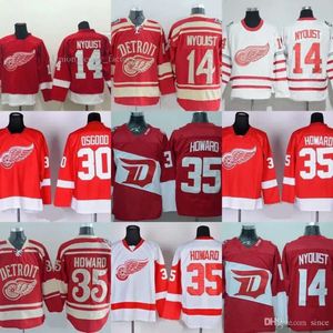 Factory Outlet Hombres Detroit Wings # 14 Gustav Nyquist # 30 Osgood # 35 Jimmy Howard Rojo Blanco Mejor calidad Camisetas de hockey sobre hielo Envío gratuito 3346