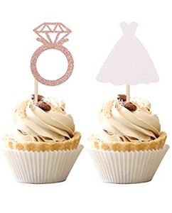 Factory Party Decoration 4 piezas set Bride to Be Cupcake Toppers con anillo de corazón Vestido Nupcial Ducha Selecciones Compromiso de boda Despedida de soltera Decoraciones para pasteles