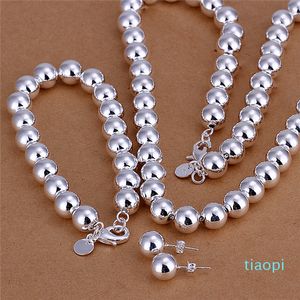 Prix ​​usine 925 Sterling argent plaqué 10mm Perles de prière Collier Bracelet Boucles d'oreilles Mode Bijoux Ensemble cadeau de mariage pour femme