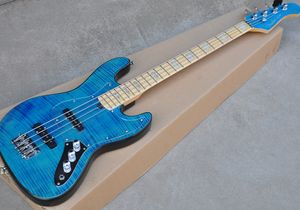 Guitare basse électrique bleue à 4 cordes, avec Pickguard en acrylique, touche en érable, placage d'érable flammé, vente en gros d'usine