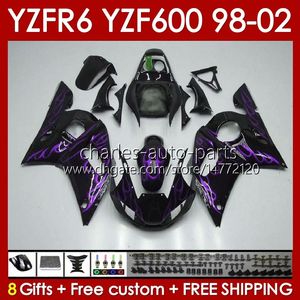 Carénages flammes violet Kit Pour YAMAHA YZF 600 CC YZF-600 YZF R6 R 6 98-02 Corps 145No.161 YZF600 600CC Capot YZF-R6 1998 1999 2000 2001 2002 YZFR6 98 99 00 01 02 Carrosserie OEM