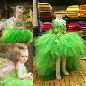 Robes de fille de fleur verte féerique jolies filles robe de concours bijou dentelle appliques florales robe de fille de fleur Hi-Lo robe d'anniversaire en tulle gonflée