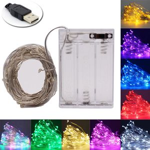 Cadena de luces de hadas alimentada por batería USB resistente al agua 2M 5M 10M 20 100 leds cadena línea plateada tira de luces navideñas de luciérnaga