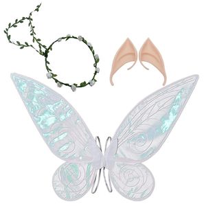 Alas de hadas para niñas Disfraz de Halloween Viste alas transparentes brillantes con diadema de corona de flores y orejas de elfo para niños adultos al por mayor 0902