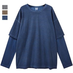 Faux deux pièces t-shirt rayé surdimensionné gris bleu haut à manches longues Style coréen mode lâche vêtements pour hommes et femmes 220408