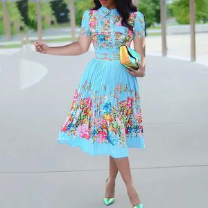 Automne à manches longues femmes plissé imprimé fleuri robe 2020 élégant femme grande taille africain bureau dames Vintage robe Midi rétro J1215