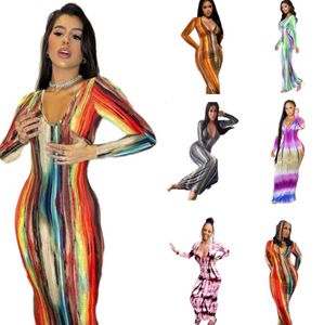 Otoño Invierno Mujer Maxi Vestidos Tallas grandes 3XL Manga larga Vestido de una pieza Casual Tie Dye Falda hasta el suelo Faldas ajustadas artículos al por mayor 5649