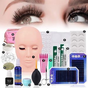 Faux cils Extension de cils Kit de formation pratique modèle tête coussinet pour les yeux pince à épiler colle anneau brosse 19 pièces outils de greffage faux