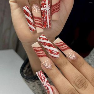 Uñas postizas, 24 Uds., juego de postizas de Navidad, puntas de Ongles falsas, accesorios de manicura DIY, copo de nieve, uñas acrílicas rojas y blancas