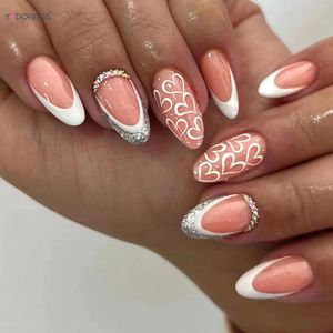 Uñas postizas 24 piezas Diamante Borde blanco Diseños de color rosa claro Presione en el arte del clavo Dedo Fácil eliminación Práctica de decoración para principiantes