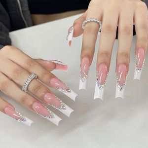 False Nails 24Pcs Extra Long Square Press On Detachable French With Rhinestone Ballet Fake Nail Tip Finished