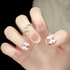 Falsas Nails 24 unids Fairy White Bow Nail Sweet Pink Short Fake con diseño de perlas de diamante Mujeres Girl Patch Art Tips