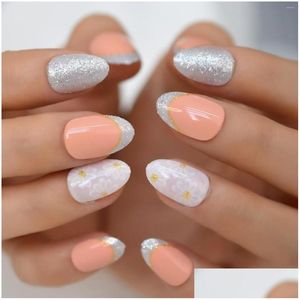 Uñas postizas 24 piezas Glitter Daisy Flowers Desmontable Corto Almendra Falso con diseños Prensa artificial francesa en puntas de uñas Entrega de gota Dhxje