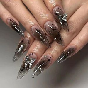 Faux ongles 24pcs long amande Y2K Ice Silver Bow Nail Art Stars Noir Cool Faux Charms Designs Fini Presse sur les conseils